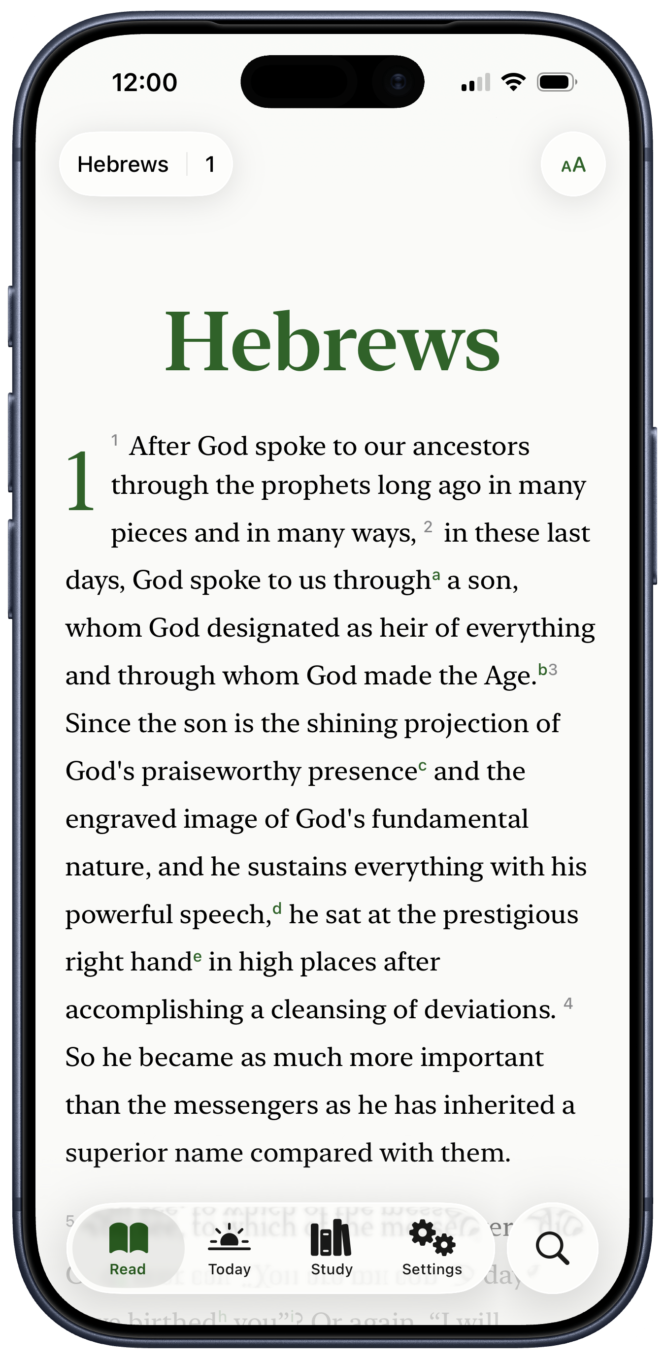 LIT Bible showing Hebrews 1 with Ordinary Time accent color